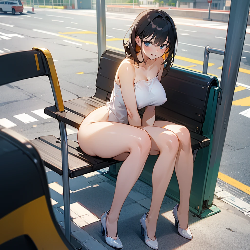 An excited girl waiting for the bus stop sitting with her body facing forward with her naked legs showing her big tits and showing her vagina and her arms behind her 