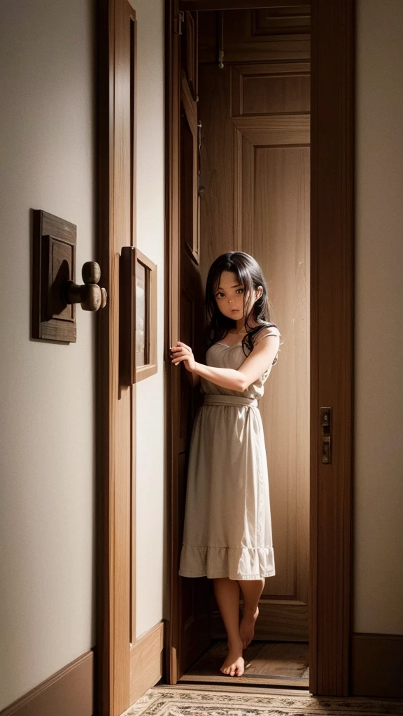 Ana and the Door: Ana finding a door at the back of the room, desperately trying to open it. She looks back in fear, her eyes wide and breathing fast. The door is old, heavy wood, with a rusty handle that finally gives way to her effort