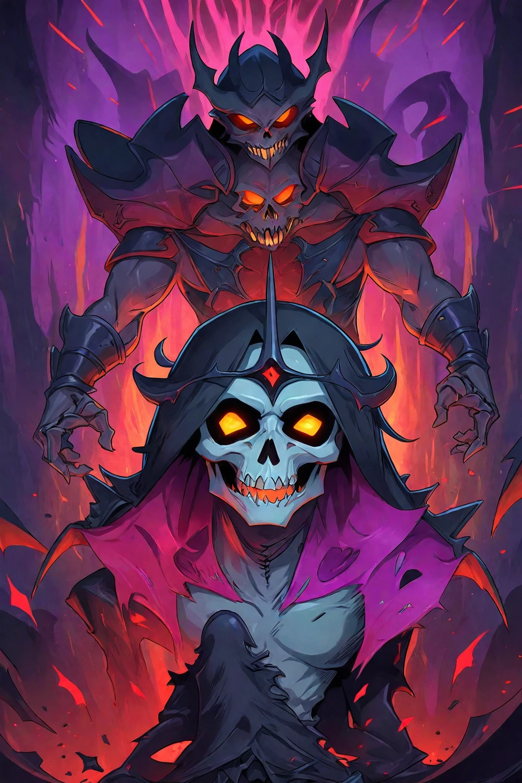 a cartoon of a skeleton with a demonic face and a demon on top of him, king of reaper time, omen of valorant, duelist style, 6 Billion Demons Style, ceifador de overwatch, the king of death, the reaper as a scary, dead cells, chaos nightmare ❄️ amour venom, of the supreme lord, background art, Darker dungeon art style