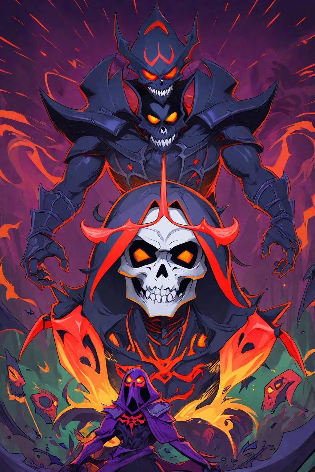 a cartoon of a skeleton with a demonic face and a demon on top of him, king of reaper time, omen of valorant, duelist style, 6 Billion Demons Style, ceifador de overwatch, the king of death, the reaper as a scary, dead cells, chaos nightmare ❄️ amour venom, of the supreme lord, background art, Darker dungeon art style
