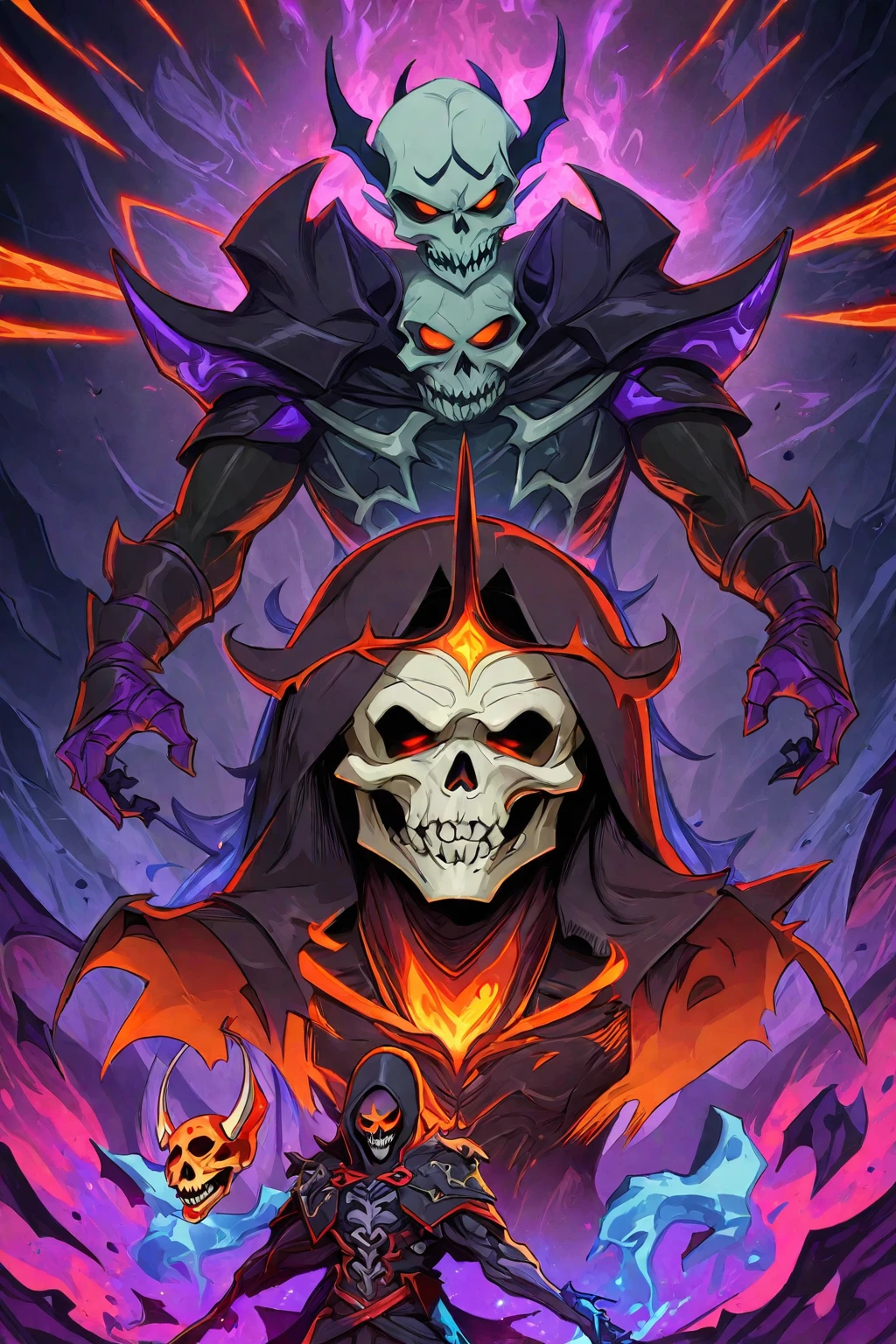 a cartoon of a skeleton with a demonic face and a demon on top of him, king of reaper time, omen of valorant, duelist style, 6 Billion Demons Style, ceifador de overwatch, the king of death, the reaper as a scary, dead cells, chaos nightmare ❄️ amour venom, of the supreme lord, background art, Darker dungeon art style
