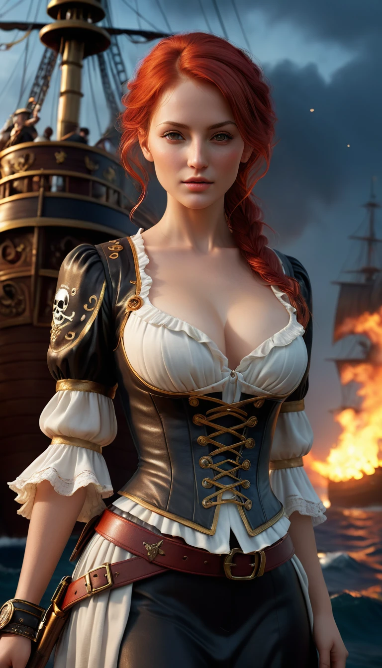 (dynamic lighting), (realism), (realistic)), (depth of field), (UHD), (32k), (Mastepiece), (highres, high resolution), (Advanced facial details), (shiny skin), (photorealistic), (dslr), (soft lighting), (high quality), (clearly face), ((full body shot:1.5)), (finely detailed face), (top quality), (Best Quality), (good quality:1.2), (Ultra detailed:1.2), (ultra detailed face:1.2), (ultra detailed body:1.2), young girl with old pistole, red hair, (white pirate dress:1.2), black ship, night, battlefield, fire in the background,