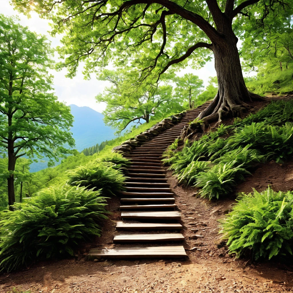 Create an image representing a group of people focused on personal development, social growth, and overcoming stagnation. The image should include the following elements:A Mountain or Staircase: Show someone climbing, symbolizing the effort and journey of growth.Group of People: Include a group of people smiling and interacting, representing socialization and mutual support.Path: Add a road or trail extending to the horizon, indicating a promising future and continuous progress.Growing Tree: Include a robust tree, symbolizing growth and personal development.Open Book: Show an open book, representing learning and self-discovery.Upward Arrows: Add graphics or icons of arrows pointing upwards, showing progress and advancement.The image should have an inspiring and motivational tone, with vibrant colors that convey energy and positivity.
