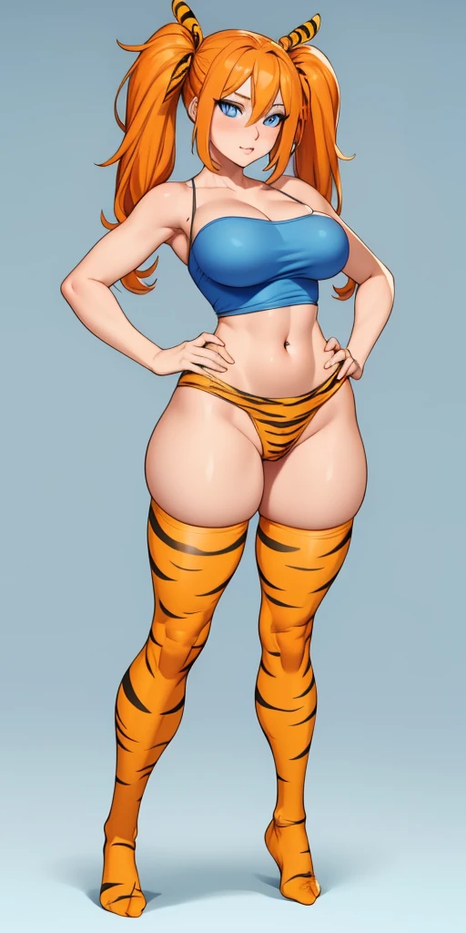 ((Masterpiece, plain background:1,2, masterpiece)) full body standing yellow tiger print stockings, hands on waist, navel (Karane) (blue eyes:1.5) orange hair, hair between eyes, long hair twintails