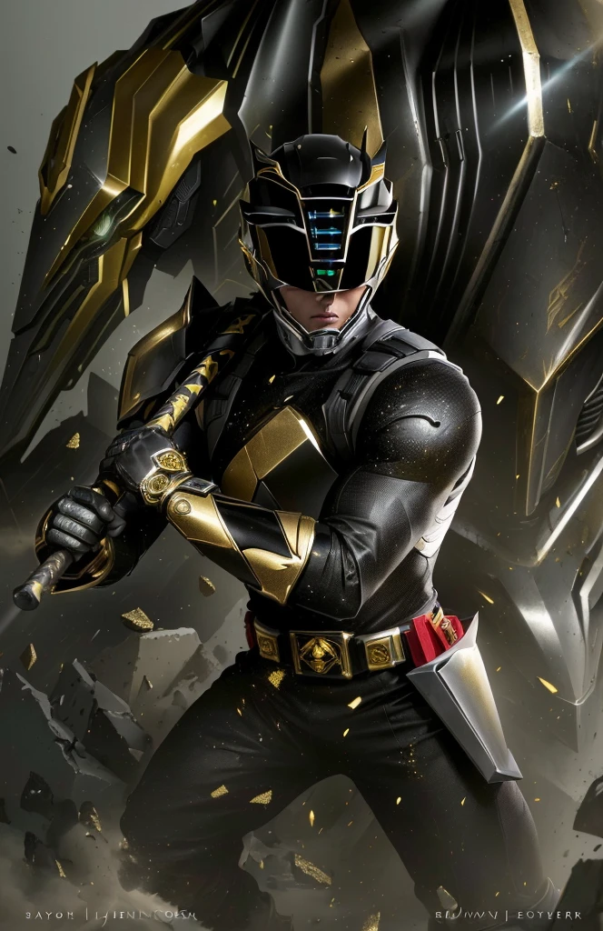 a close up of a person in a costume with a sword, the secret seventh power ranger, black and golden armor, gold obsidian armor, black and gold armor, heavy gold obsidian armor, sleek gold armor, unreal engine render saint seiya, gold armor, gold armour suit, tokusatsu, power ranger, gold and silver armour suit, new costume concept design, change helmetarafed image of a man in a black and yellow costume holding a baseball bat, the secret seventh power ranger, power ranger, fan art, tokusatsu, hq artwork, inspired by Ryūsei Kishida, green power ranger, ranger, textless, highly detailed exquisite fanart, sharp high quality artwork, high quality fanart, power, detailed fanart