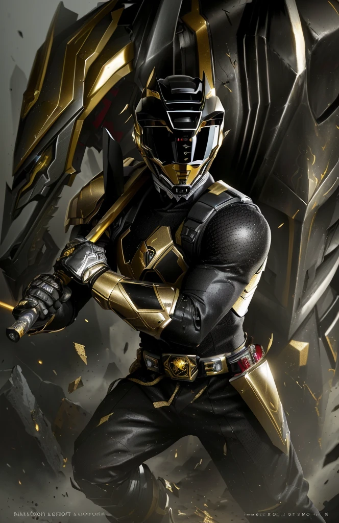 a close up of a person in a costume with a sword, the secret seventh power ranger, black and golden armor, gold obsidian armor, black and gold armor, heavy gold obsidian armor, sleek gold armor, unreal engine render saint seiya, gold armor, gold armour suit, tokusatsu, power ranger, gold and silver armour suit, new costume concept design, change helmetarafed image of a man in a black and yellow costume holding a baseball bat, the secret seventh power ranger, power ranger, fan art, tokusatsu, hq artwork, inspired by Ryūsei Kishida, green power ranger, ranger, textless, highly detailed exquisite fanart, sharp high quality artwork, high quality fanart, power, detailed fanart
