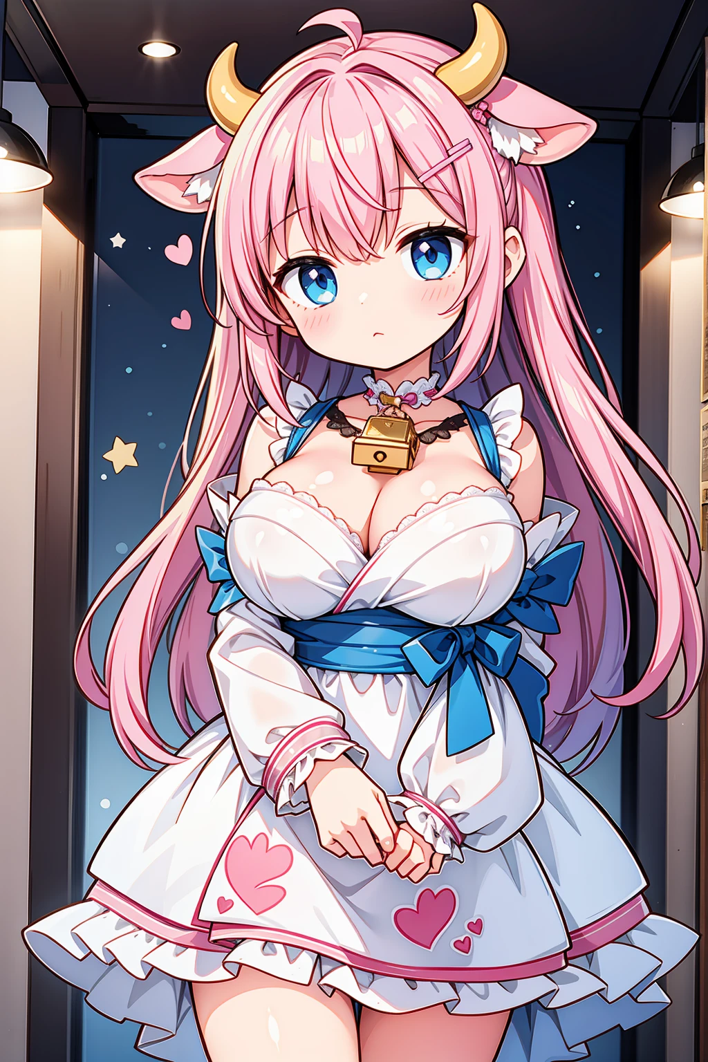 A masterpiece of a mature woman with big breasts, dressed in a pastel pink Japanese maid cafe outfit, with studio lights and beautiful shading, featuring kawaii elements like cow ears and pastel pink spots on ears, cute pastel colors, pastel blue rainbow hair with highlights, decorated with hairclips, ornaments, stars, hearts, and a cowbell. The image should have ultra detailed and best quality, with cinematic lighting and an adorable, decora style with many accessories.