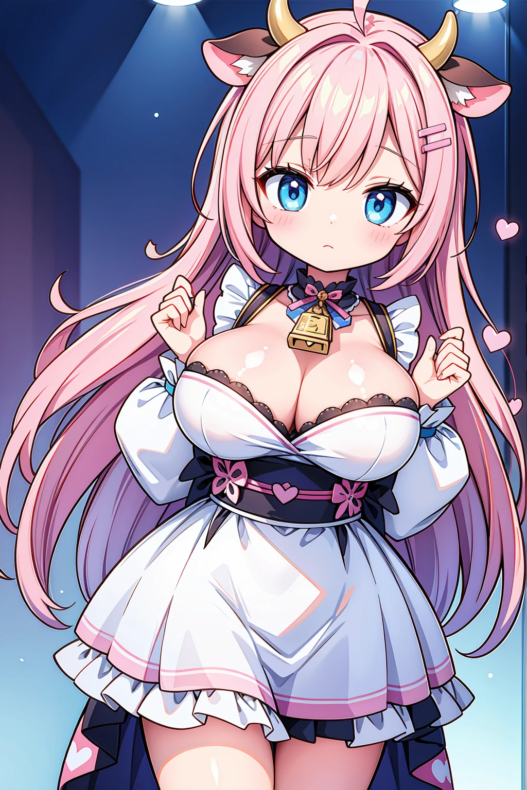 A masterpiece of a mature woman with big breasts, dressed in a pastel pink Japanese maid cafe outfit, with studio lights and beautiful shading, featuring kawaii elements like cow ears and pastel pink spots on ears, cute pastel colors, pastel blue rainbow hair with highlights, decorated with hairclips, ornaments, stars, hearts, and a cowbell. The image should have ultra detailed and best quality, with cinematic lighting and an adorable, decora style with many accessories.
