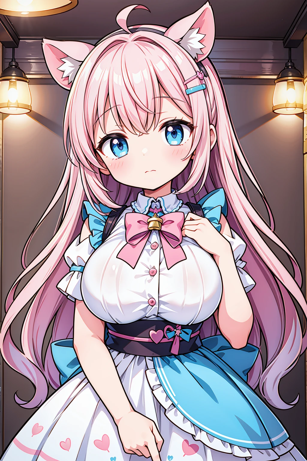 A masterpiece of a mature woman with big breasts, dressed in a pastel pink Japanese maid cafe outfit, with studio lights and beautiful shading, featuring kawaii elements like cow ears and pastel pink spots on ears, cute pastel colors, pastel blue rainbow hair with highlights, decorated with hairclips, ornaments, stars, hearts, and a cowbell. The image should have ultra detailed and best quality, with cinematic lighting and an adorable, decora style with many accessories.