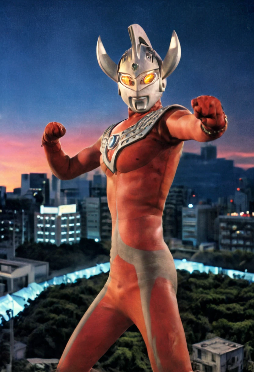 Ultraman Taro、Tokyo cityscape、Midnight、neon、A giant as tall as a building、Fighting Pose、slim、Muscular、Long limbs、Weapon、Gorgeous Body、Incitement、4K、Photorealistic、Portrait、male focus,highres,clear