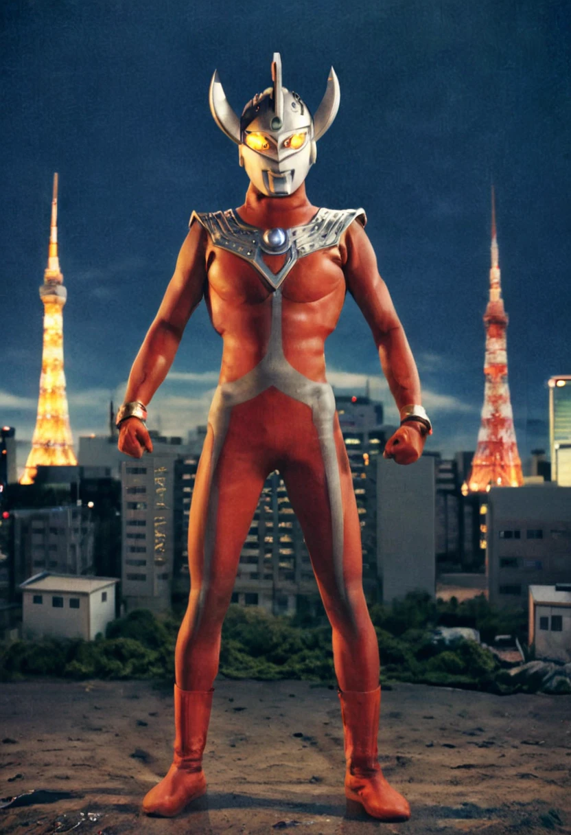 Ultraman Taro、Tokyo cityscape、Midnight、neon、A giant as tall as a building、Fighting Pose、slim、Muscular、Long limbs、Weapon、Gorgeous Body、Incitement、4K、Photorealistic、Portrait、male focus,highres,clear