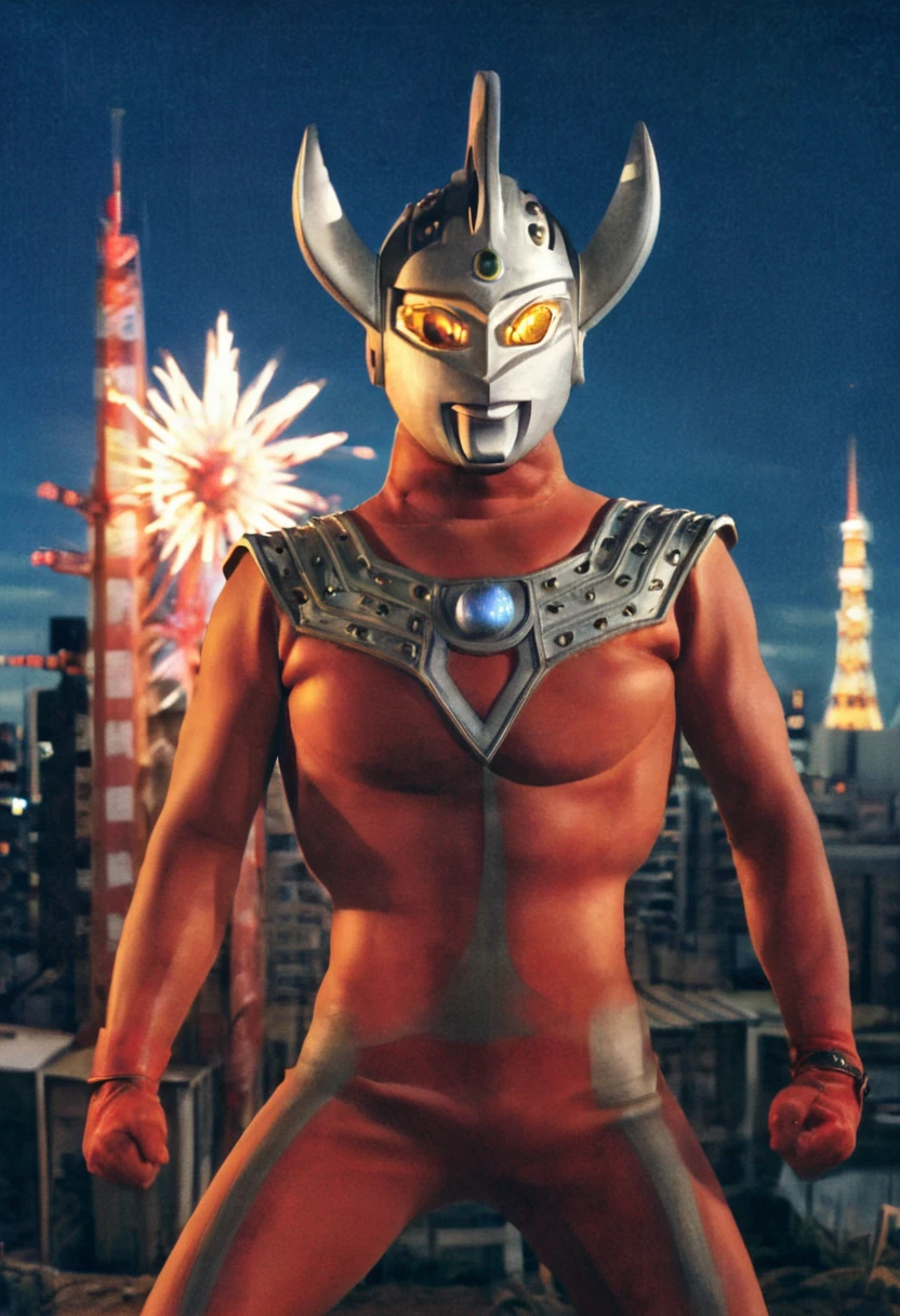 Ultraman Taro、Tokyo cityscape、Midnight、neon、A giant as tall as a building、Fighting Pose、slim、Muscular、Long limbs、Weapon、Gorgeous Body、Incitement、4K、Photorealistic、Portrait、male focus,highres,clear