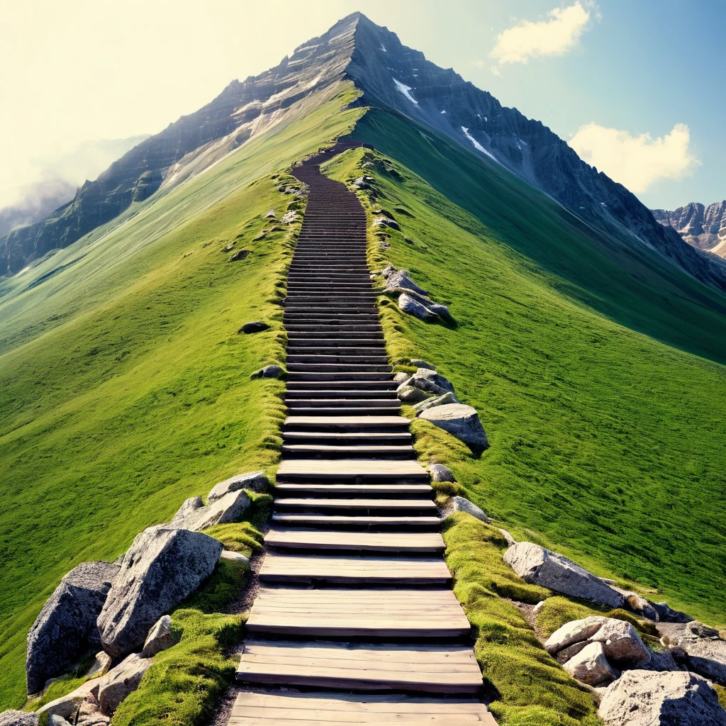 Create an image representing a group of people focused on personal development, social growth, and overcoming stagnation. The image should include the following elements:A Mountain or Staircase: Show someone climbing, symbolizing the effort and journey of growth.Group of People: Include a group of people smiling and interacting, representing socialization and mutual support.Path: Add a road or trail extending to the horizon, indicating a promising future and continuous progress.Growing Tree: Include a robust tree, symbolizing growth and personal development.Open Book: Show an open book, representing learning and self-discovery.Upward Arrows: Add graphics or icons of arrows pointing upwards, showing progress and advancement.The image should have an inspiring and motivational tone, with vibrant colors that convey energy and positivity.
