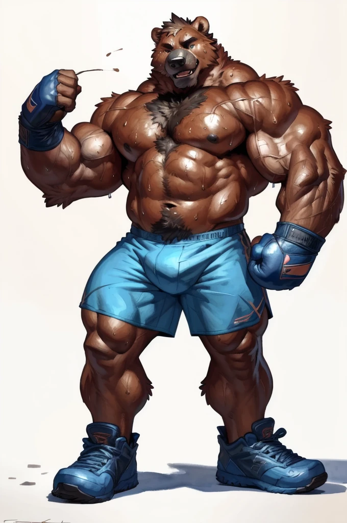 Grizzly bear. 4k, high resolution, best quality, posted on e621, solo, anthro body, older male, masculine:1, ursine:2, male, very masculine:1, buff (tough build):1.5, dense muscles, (correct anatomy):1, huge brown fir:2.1, (white background, no background:1.2), (bare torso:1.1), scales, (wearing boxers, genital_outline), (black boxing gloves, correct anatomy, boxing shoes, (detailed eyes:1.2), sexy, (cel shaded:1.2), (sweat:1.5), visible breath, shiny muscles, sweat:1, shading, (watercolors:1.2), strong shadows, confident, (vascular, veins:1.1), (full body):1, (by takemoto arashi, by meesh, by Taran Fiddler)