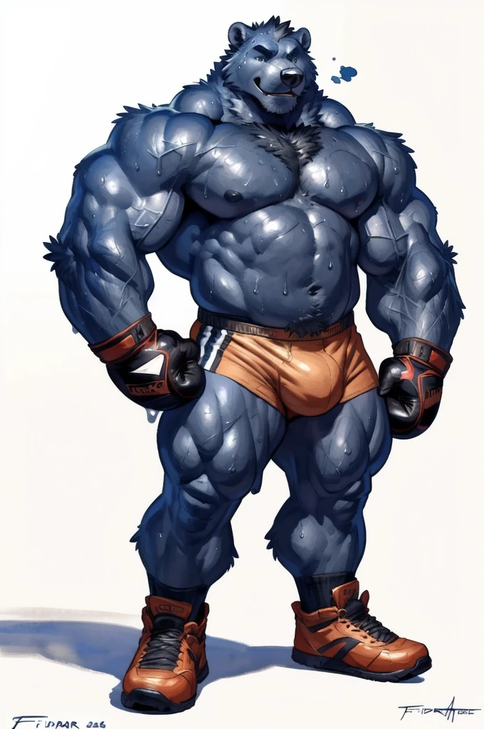 Grizzly bear. 4k, high resolution, best quality, posted on e621, solo, anthro body, older male, masculine:1, ursine:2, male, very masculine:1, buff (tough build):1.5, dense muscles, (correct anatomy):1, huge brown fir:2.1, (white background, no background:1.2), (bare torso:1.1), scales, (wearing boxers, genital_outline), (black boxing gloves, correct anatomy, boxing shoes, (detailed eyes:1.2), sexy, (cel shaded:1.2), (sweat:1.5), visible breath, shiny muscles, sweat:1, shading, (watercolors:1.2), strong shadows, confident, (vascular, veins:1.1), (full body):1, (by takemoto arashi, by meesh, by Taran Fiddler)