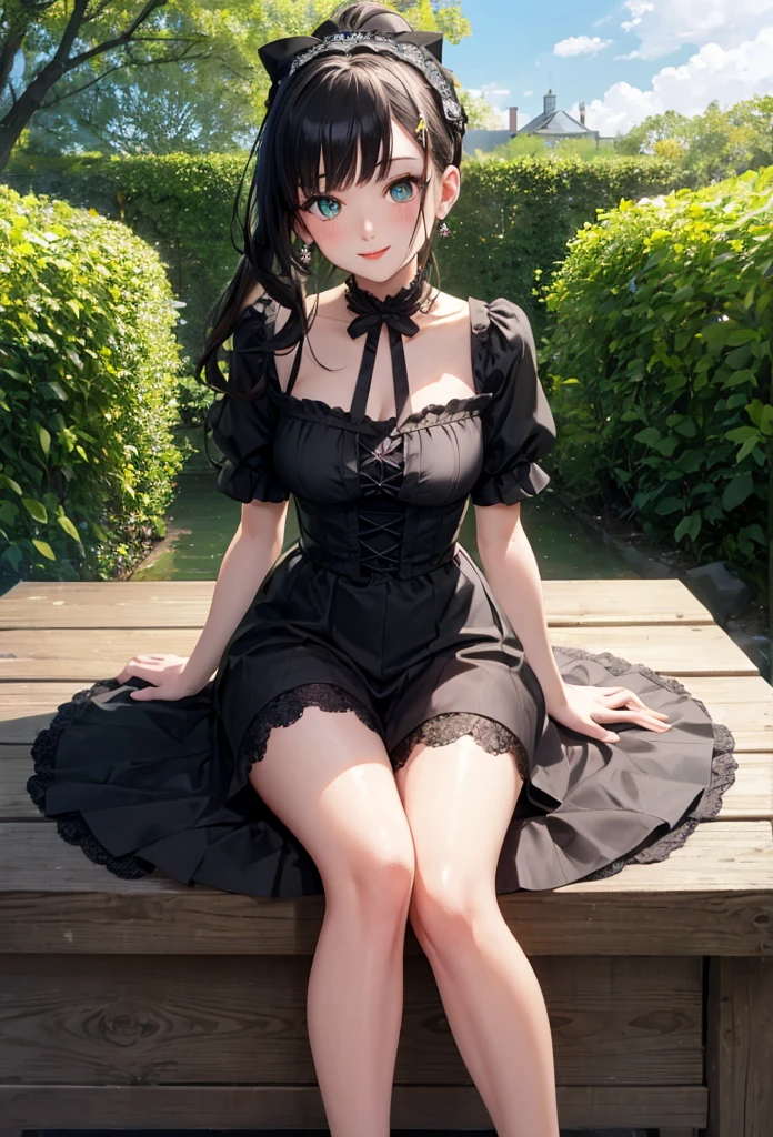 A beautiful girl in a black dress sitting on a wooden platform, anime girl, rose garden, beautiful and sunny day, black ta dress with lots of ruffles, floral print dress, short sleeve, lolihoker, low-cut chest, big round breasts, white lace thigh-high stockings, black lolita s, dark brown hair, gradient bangs, french braid, long hair, ponytail, wavy hair, swept bangs, shiny hair, hairclip, hair ribbon, hair flower, jewelry, lolita hairb aqua eyes, glowing eyes, pupils sparkling, earrings, light smile, blush, happy, red lips, slim waist, shapely legs, beautiful thighs, princess dress, short skirt, high detail, anime, dithering, image fill, perspective, Wide-Angle, f/1.8, 85mm, Sony FE GM, 8k, 8k wallpaper, super detail, highly detailed CG, UHD, retina, masterpiece, accurate, anatomically correct, textured skin, highres, best quality:1.3, 16k