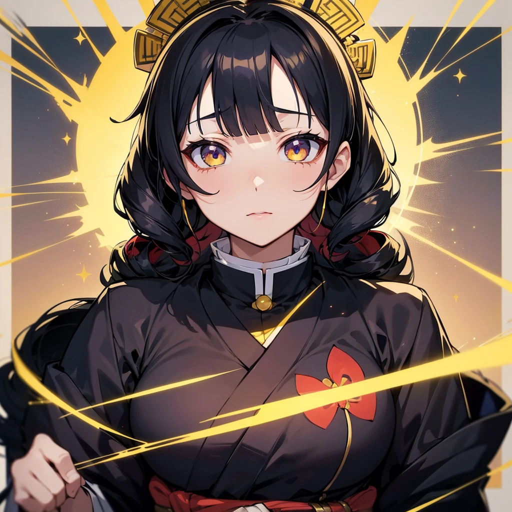 Create a character(Kimetsu no Yaiba), your eye is yellow like gold, your blue black hair, and her breath she herself created, create the breath of order with the oc, Her hair is straight, and she wears a black kimono with gold details like gold, your clothes are shorter, show her using some form of breathing, the appearance is not , She passes power to her enemies, she is the most beautiful woman in the universe, your gaze is penetrating and powerful