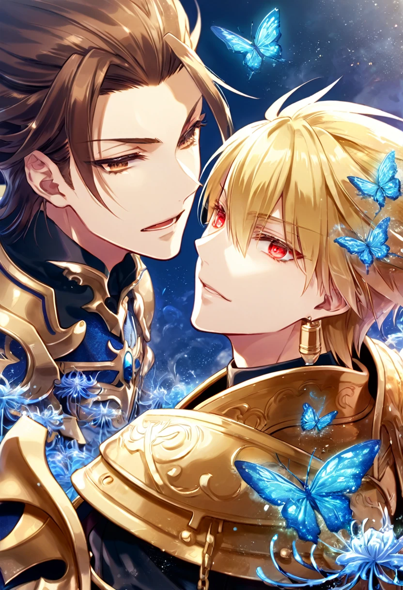 absurd resolution, high resolution, ultra detailed, detailed eyes, extremely detailed, HDR, 8K, Gilgamesh, blonde slicked up hair, expressive red eyes, Fate Extra ccc, Kishinami Hakuno, brown hair, expressive brown eyes, two sexy men together, yaoi, gay couple, handsome, armor, black clothes, fantasy, cool, magical, mana, blue magic circle, blue glittering butterflies, blue dust flying around, blue spider lilies