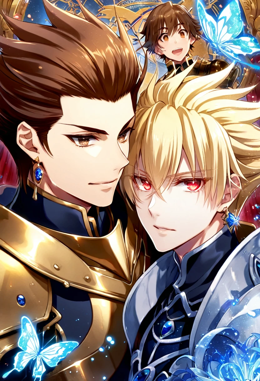 absurd resolution, high resolution, ultra detailed, detailed eyes, extremely detailed, HDR, 8K, Gilgamesh, blonde slicked up hair, expressive red eyes, Fate Extra ccc, Kishinami Hakuno, brown hair, expressive brown eyes, two sexy men together, yaoi, gay couple, handsome, armor, black clothes, fantasy, cool, magical, mana, blue magic circle, blue glittering butterflies, blue dust flying around, blue spider lilies