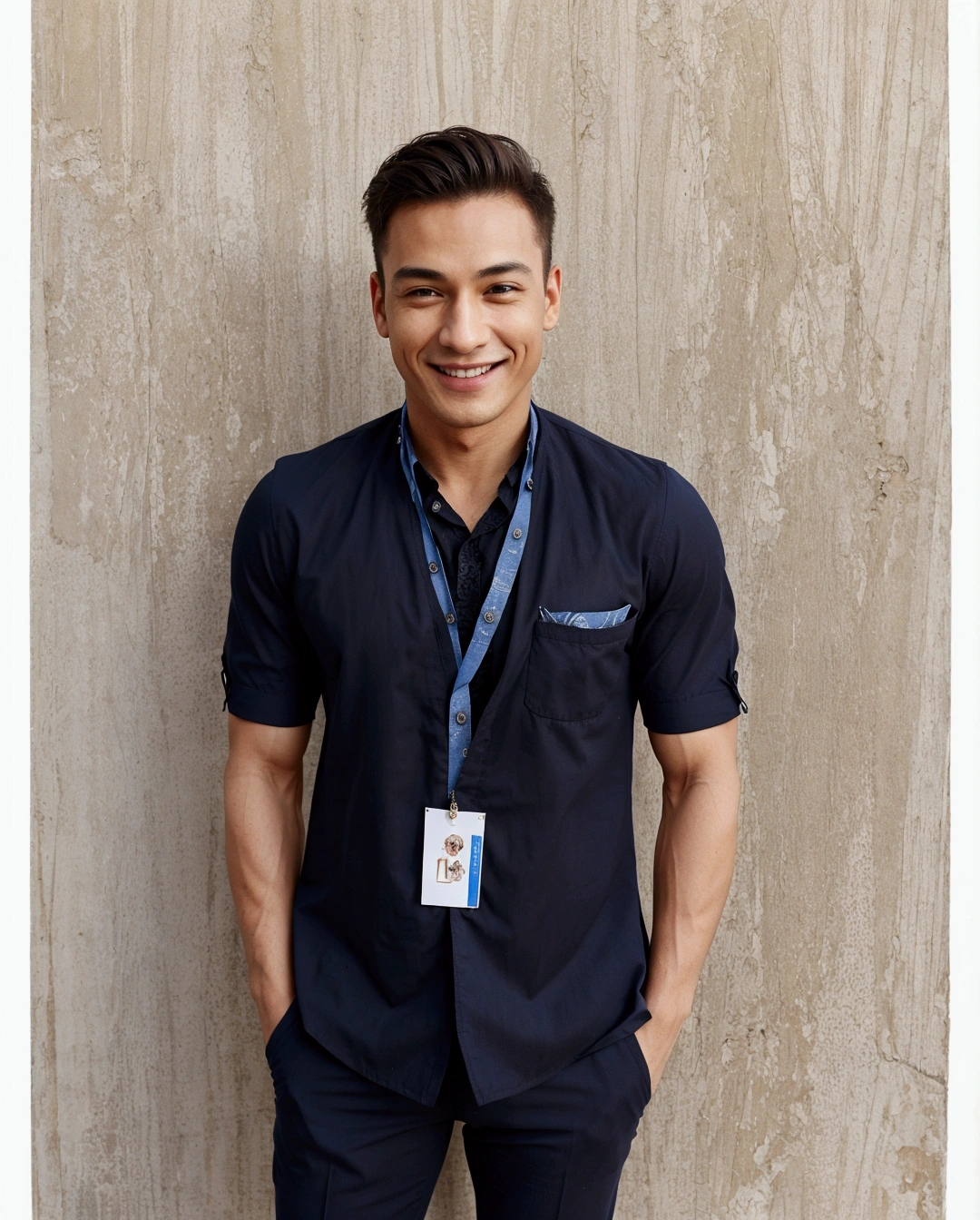 leaves the clothes exactly the same. make the man smiling and a little muscular