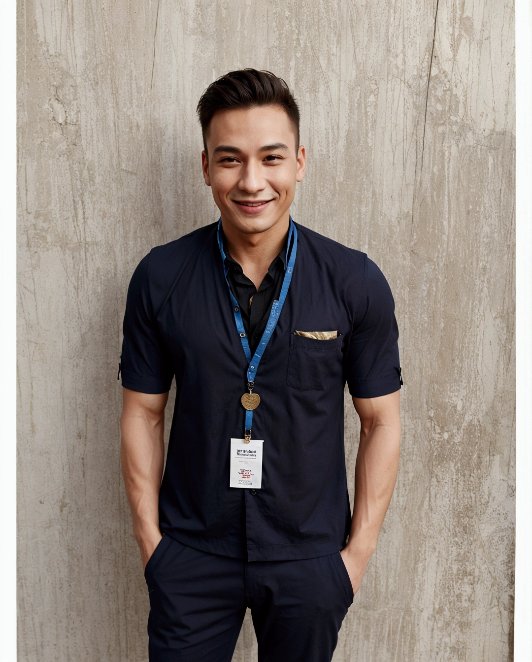 leaves the clothes exactly the same. make the man smiling and a little muscular