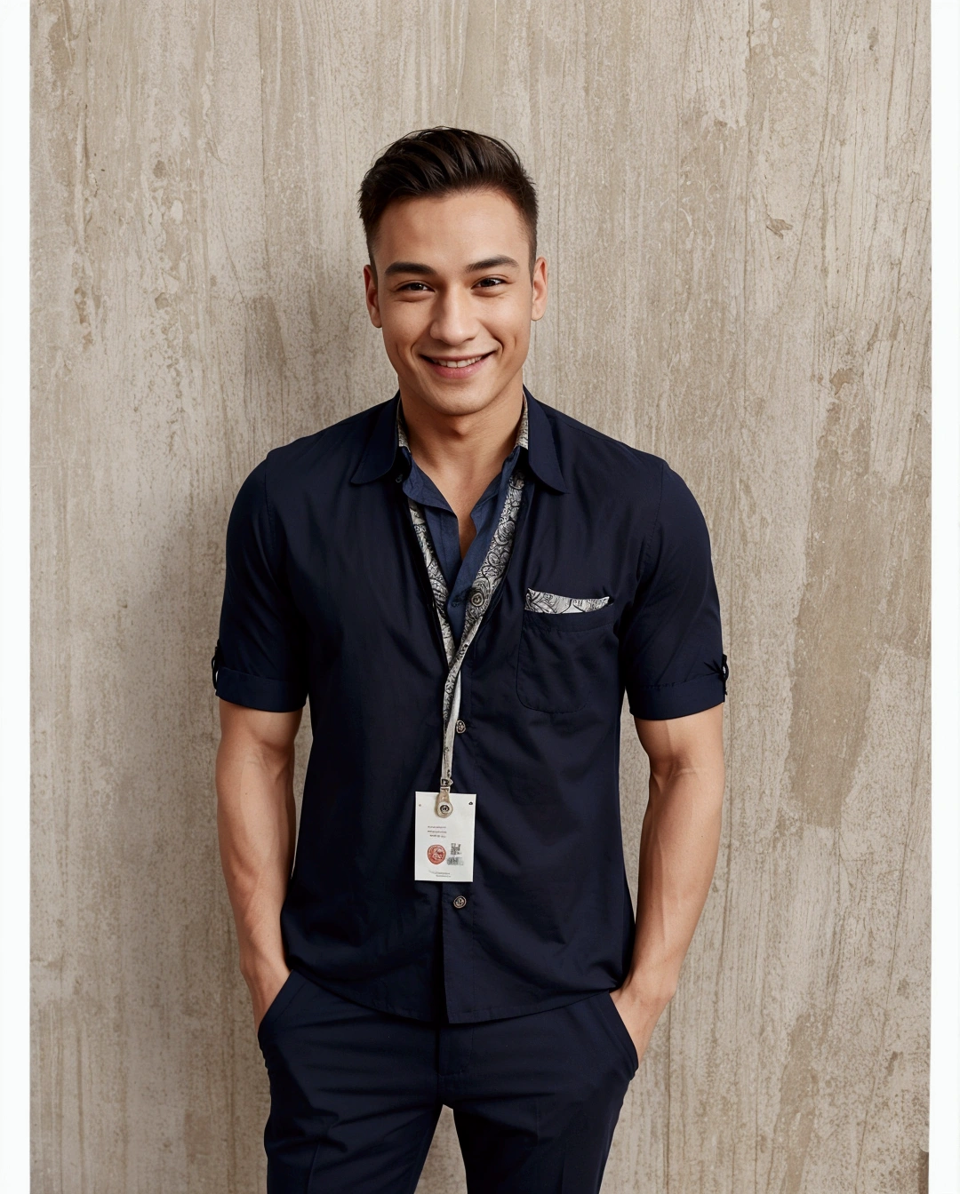 leaves the clothes exactly the same. make the man smiling and a little muscular