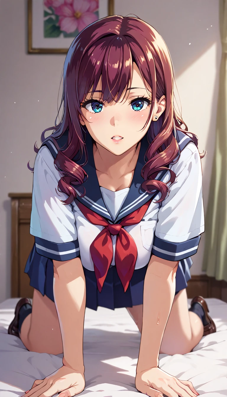 (masterpiece, best quality, ultra-detailed, high resolution, detailed eyes), takeda hiromitsu style, {{{1mature female}}}, (40 years old), (school girl uniform, sailor, skirt), curly hair, long hair, curvy body, on all fours, shot from behind