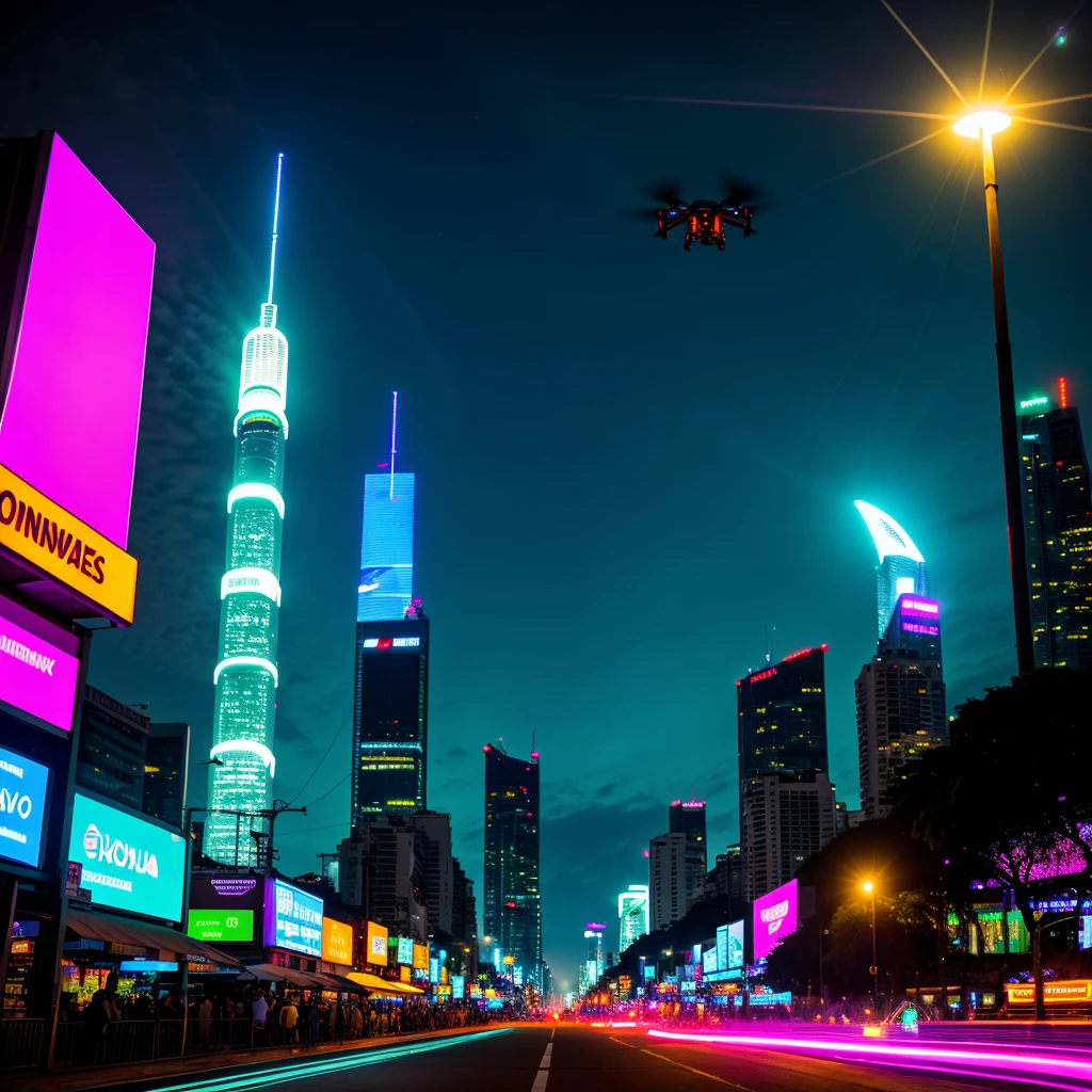 On a futuristic night in Rio de Janeiro, the city transforms into a vibrant cyberpunk setting, filled with neon lights that illuminate the iconic landscape. The famous beaches of Copacabana and Ipanema glow with shades of purple, blue and green, reflecting in the dark waters of the Atlantic. imposing skyscrapers, covered in luminous signs and advertising holograms, dominate the horizon, creating an electrifying and futuristic atmosphere.

Sugarloaf Mountain and Christ the Redeemer are highlighted by cyber lighting, their majestic silhouettes contrasting with the artificial glow that permeates the city. The streets and sidewalks are crowded with people, all immersed in the pulsating energy of the night. Street vendors offer technological products and futuristic street food, while drones fly overhead to supervise the movement.

Beach kiosks and bars are redesigned with a high-tech aesthetic, displaying neon signs and holographic screens that draw crowds. The sound of electronic music resonates through the streets, mixed with the buzz of conversations and the hum of machines. Autonomous vehicles glide along the avenues, and the brightness of the lights reflects on the surrounding glass and metal surfaces.

The atmosphere is vibrant and chaotic, with a mix of Rio tradition and intense futurism. The city&#39;s energy never sleeps, capturing the essence of a Rio de Janeiro reimagined in a cyberpunk future, where technology and culture merge into a stunning visual spectacle.