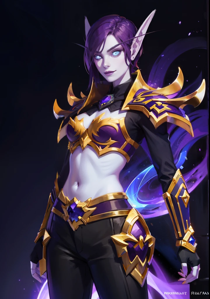 (8K, RAWphotograph, highest quality, masterpiece:1.2), High resolution, Super detailed, intricate details, disorganized, masterpiece, break , beautiful detailed woman, beautifully detailed mouth, highly detailed eyes and face, beautiful and fine eyes, (1girl, purple hair, short hair, spiral eyes, smirk) (digital) (looking at viewer) (standing), (Purple Forest background), (black pants) (tuxedo)) , best quality, blue eyes, pointy ears, colored skin, blue skin, armor, Purple armor, crop top, gold trim, navel, voidelf