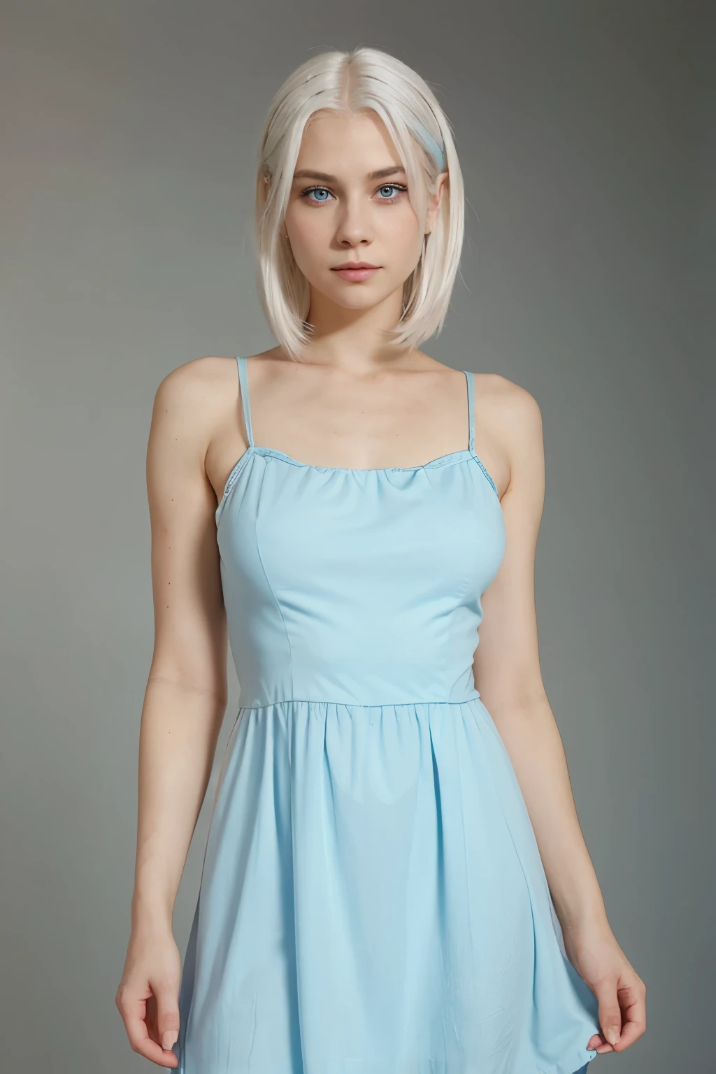A girl with white hair and light blue eyes in a 2000s movie style in a pastel blue dress 