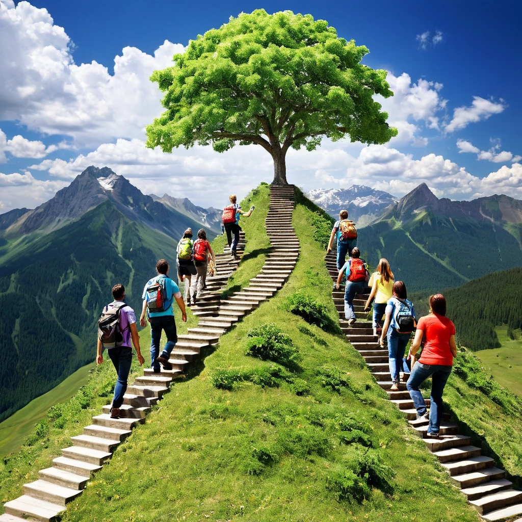 Create an image representing a group of people focused on personal development, social growth, and overcoming stagnation. The image should include the following elements:A Mountain or Staircase: Show someone climbing, symbolizing the effort and journey of growth.Group of People: Include a group of people smiling and interacting, representing socialization and mutual support.Path: Add a road or trail extending to the horizon, indicating a promising future and continuous progress.Growing Tree: Include a robust tree, symbolizing growth and personal development.Open Book: Show an open book, representing learning and self-discovery.Upward Arrows: Add graphics or icons of arrows pointing upwards, showing progress and advancement.The image should have an inspiring and motivational tone, with vibrant colors that convey energy and positivity.