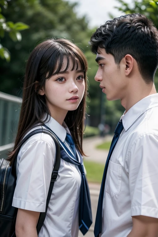 A young woman standing in front of another young man, both wearing school uniforms, They're looking at each other, they are 17 years old ((detailded))