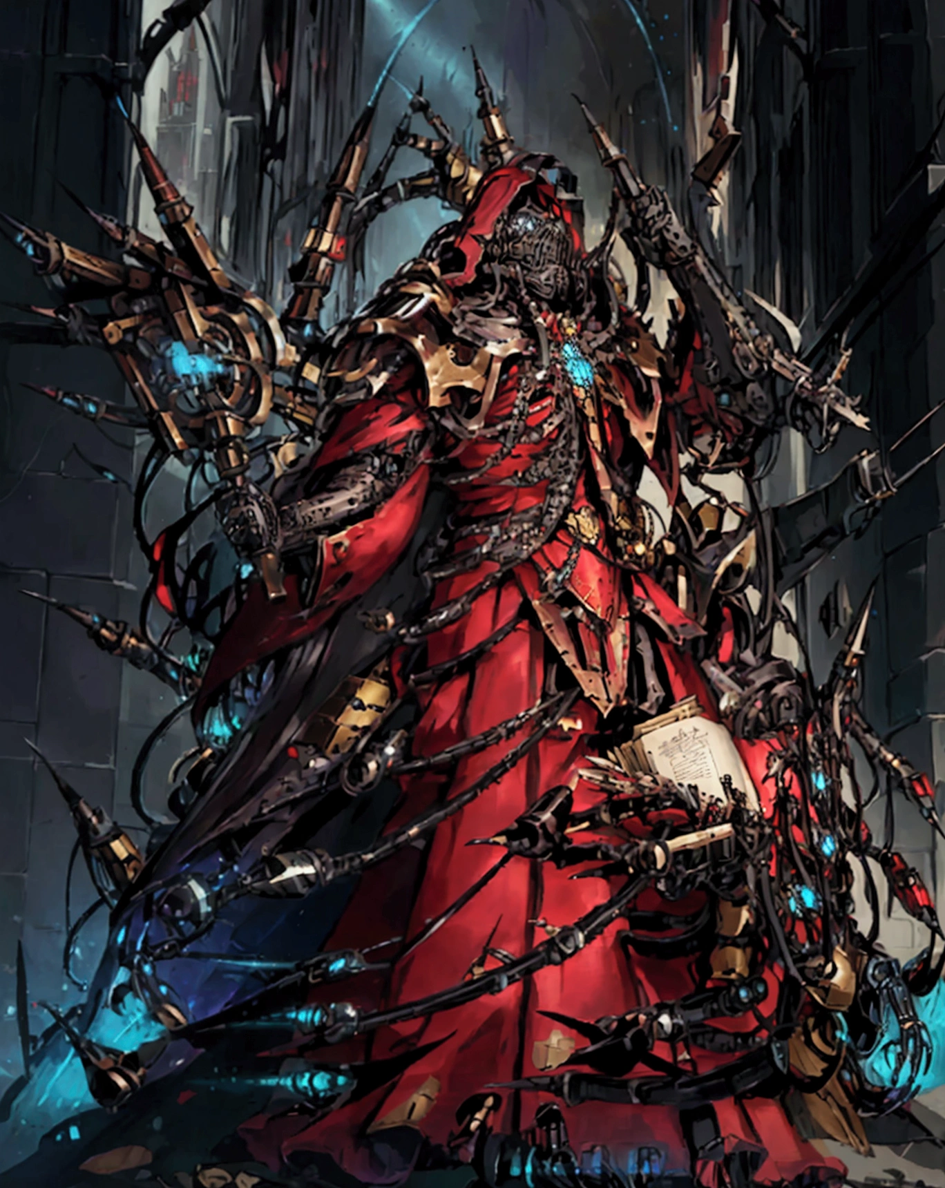 make a character for my rpg game, adeptus mechanicus imponente, he must wear armor, he is holding a book, detailed outfit, holding a staff, filled with implant, dark cathedral background (detailed back ground), robotic priest with armor.