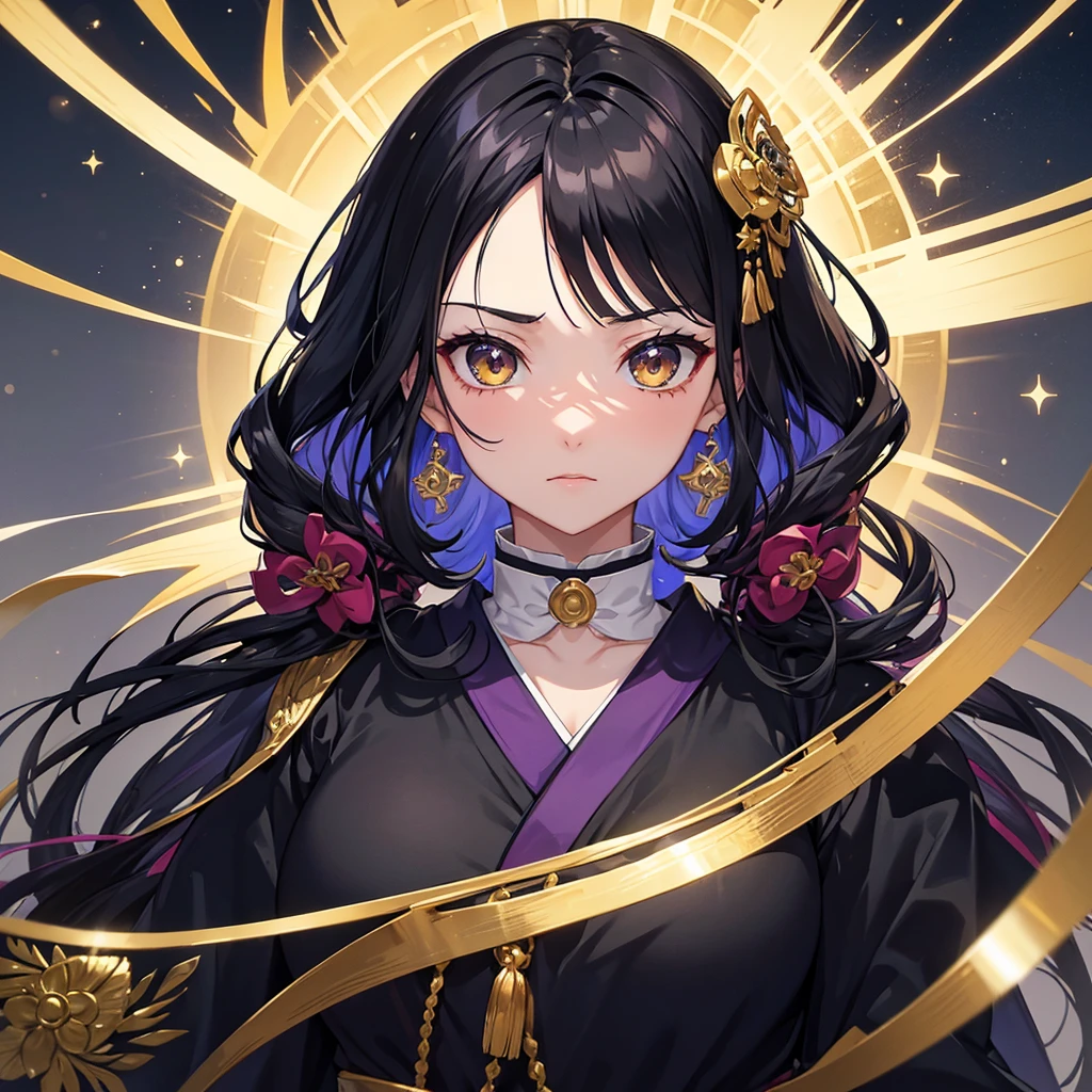 Create a character(Kimetsu no Yaiba), your eye is yellow like gold, your blue black hair, and her breath she herself created, create the breath of order with the oc, Her hair is straight, and she wears a black kimono with gold details like gold, your clothes are shorter, show her using some form of breathing, the appearance is not , She passes power to her enemies, she is the most beautiful woman in the universe, your gaze is penetrating and powerful