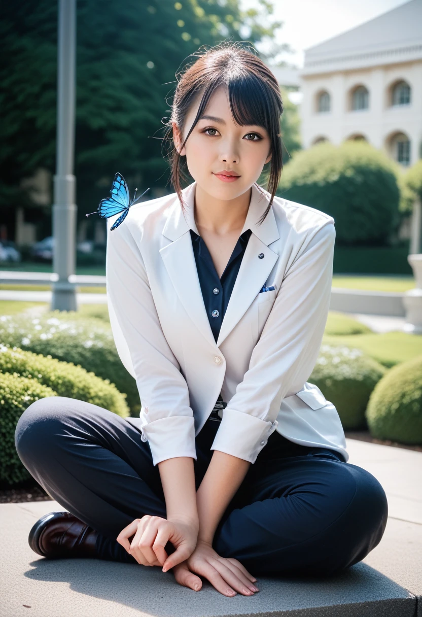 8k, raw photo, best quality, masterpiece, realistic, photo realistic, clear, professional lighting, beautiful face, best quality,ultra high res, realistic japanese beautiful, Super detailed, 1girl, clothed, outdoor, butterfly sitting, full body