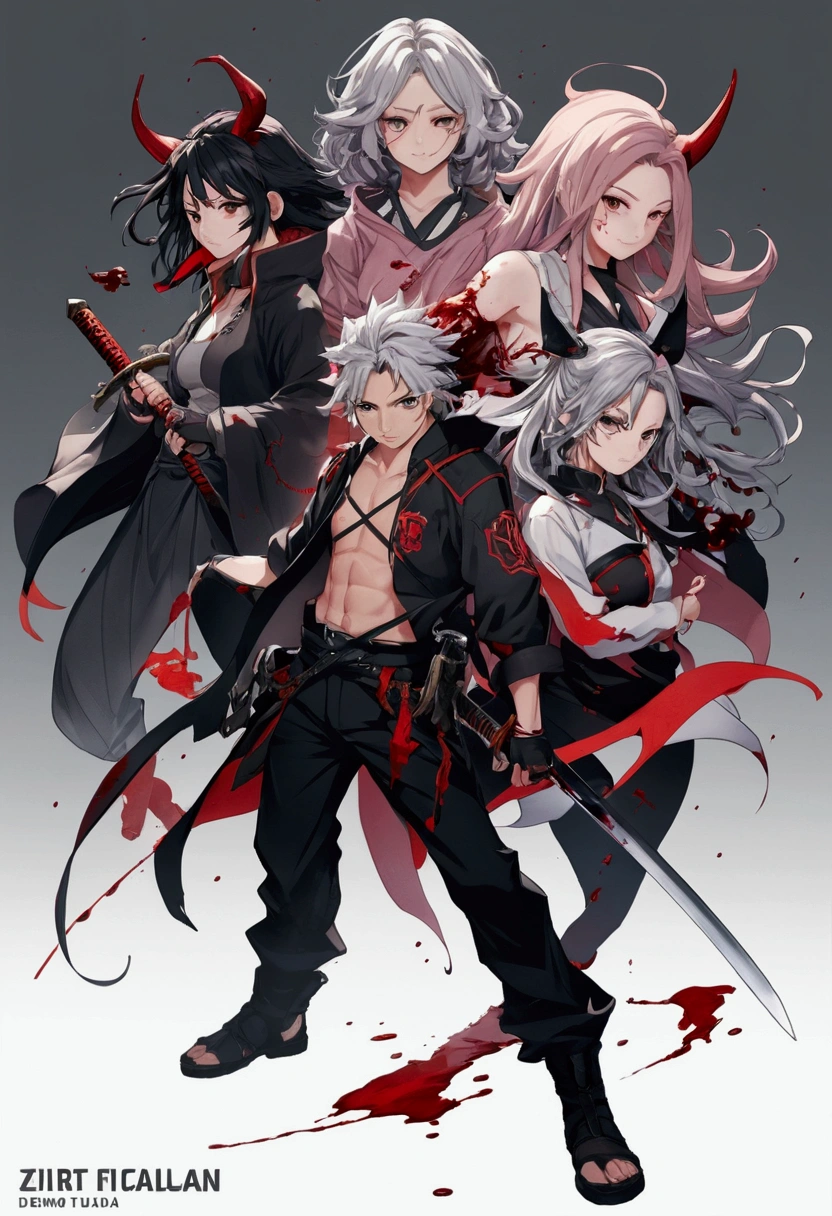 anime characters with swords and blood on a gray background, badass anime 8 k, from arknights, demon slayer artstyle, official fanart, official anime artwork, high detailed official artwork, best anime 4k konachan wallpaper, detailed fanart, by Yang J, anime fantasy illustration, detailed key anime art, zerochan art, anime illustration, 4k, sangat detail, tidak cacat, gambar sempurna, tidak ada tulisan, tidak cacat