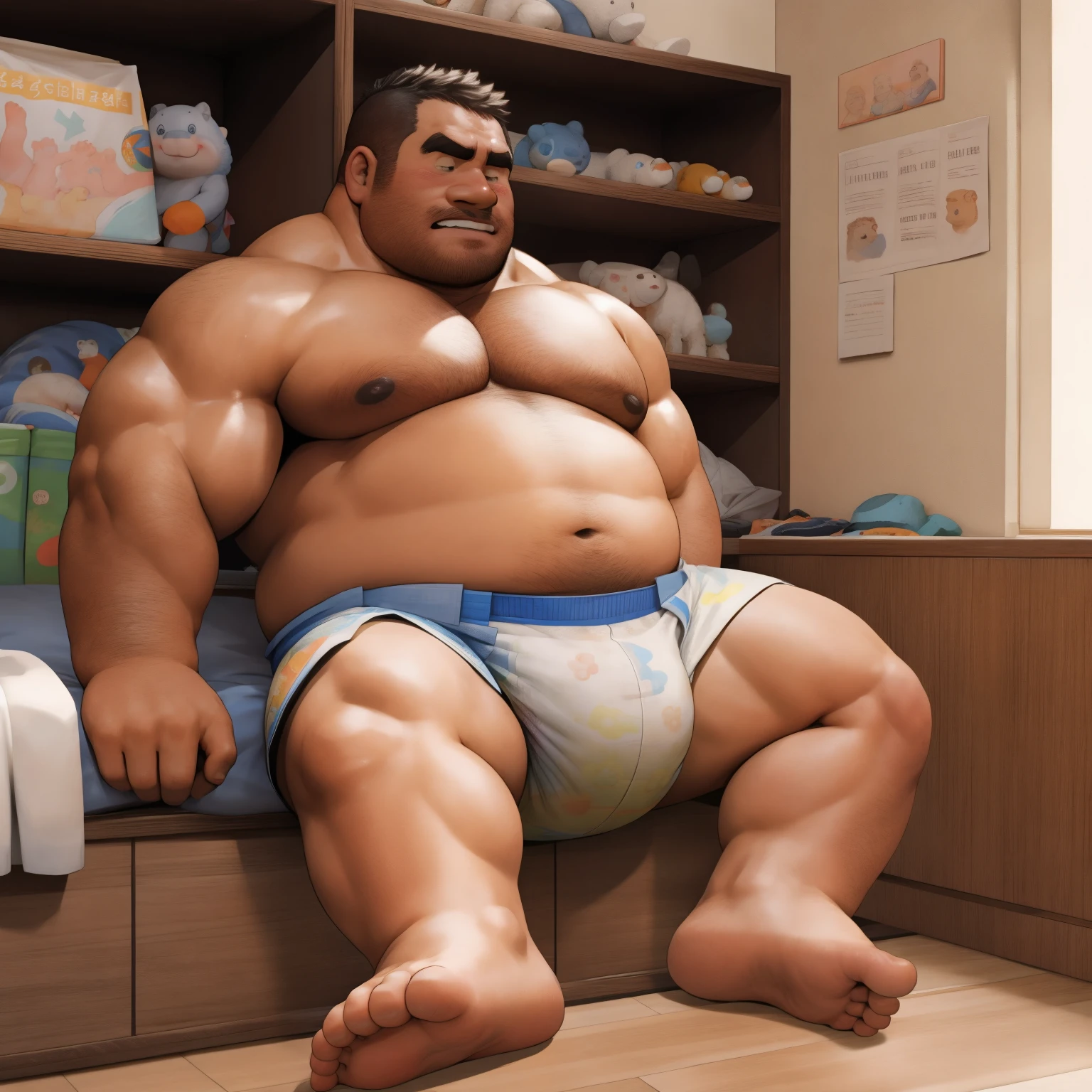 masterpiece, Top quality, in 32K, perfect anatomy, hyper detailed, super fine illustration, The thick man is a brutal prisoner, retarded, hairy, human, 50yo in japan, (fatness: 1.0), Fatty muscle, Bowleg, disappointment, incontinent, be diaper check by children, There is a small puddle under him, Naked, short legs, Bowleg, spread legs, wear a White cloth Diaper, Bare belly, Bare legs, Bare foots, Bare soles, Shirtless, wide forehead and short thinning hair, Man with round face with stubble, Bare foots, Bare soles, shy, sissy, Weaker than children, Drool, Round face, He enters nursery school and is despised by children, He is made to stand attention in the corner of the playroom, corner time, He surrounded by children, Bare foots, big butt, White Diaper, sobbing, There is a small puddle under him