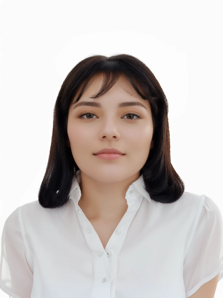 There is a woman with a white shirt and black hair, cute fringe, a white blouse, woman looking at the camera