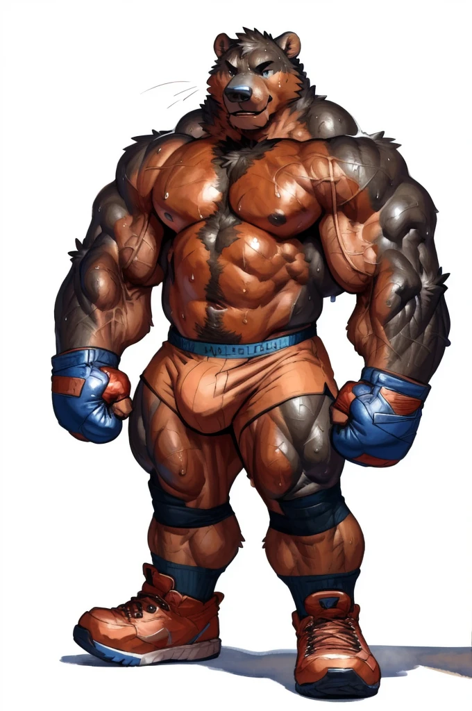 Grizzly bear. 4k, high resolution, best quality, posted on e621, solo, anthro body, older male, masculine:1, ursine:2, male, very masculine:1, buff (tough build):1.5, dense muscles, (correct anatomy):1, huge brown fir:2.1, (white background, no background:1.2), (bare torso:1.1), scales, (wearing boxers, genital_outline), (black boxing gloves, correct anatomy, boxing shoes, (detailed eyes:1.2), sexy, (cel shaded:1.2), (sweat:1.5), visible breath, shiny muscles, sweat:1, shading, (watercolors:1.2), strong shadows, confident, (vascular, veins:1.1), (full body):1, (by takemoto arashi, by meesh, by Taran Fiddler)