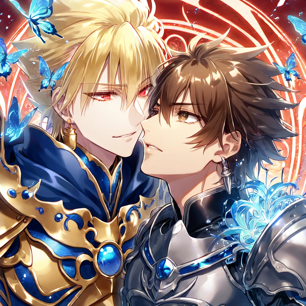 absurd resolution, high resolution, ultra detailed, detailed eyes, extremely detailed, HDR, 8K, Gilgamesh, blonde slicked up hair, expressive red eyes, Fate Extra ccc, Kishinami Hakuno, brown messy hair, expressive brown eyes, two sexy men together, yaoi, gay couple, handsome, armor, black clothes, fantasy, cool, magical, mana, blue magic circle, blue glittering butterflies, blue dust flying around, blue spider lilies