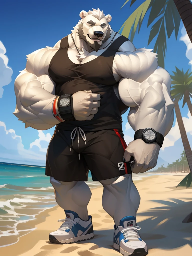 huge muscular polar bear in L.A. beach, big smile, polar bear, huge white fur, thick arm, huge arm, bearded. white hair and beard, bearded, (muscular, pectoral, wide pectoral, thick arms), beach, palm, realistic, 8k, masterpiece, (wearing black shorts, wristband, watch, blue tank top and white shoes)