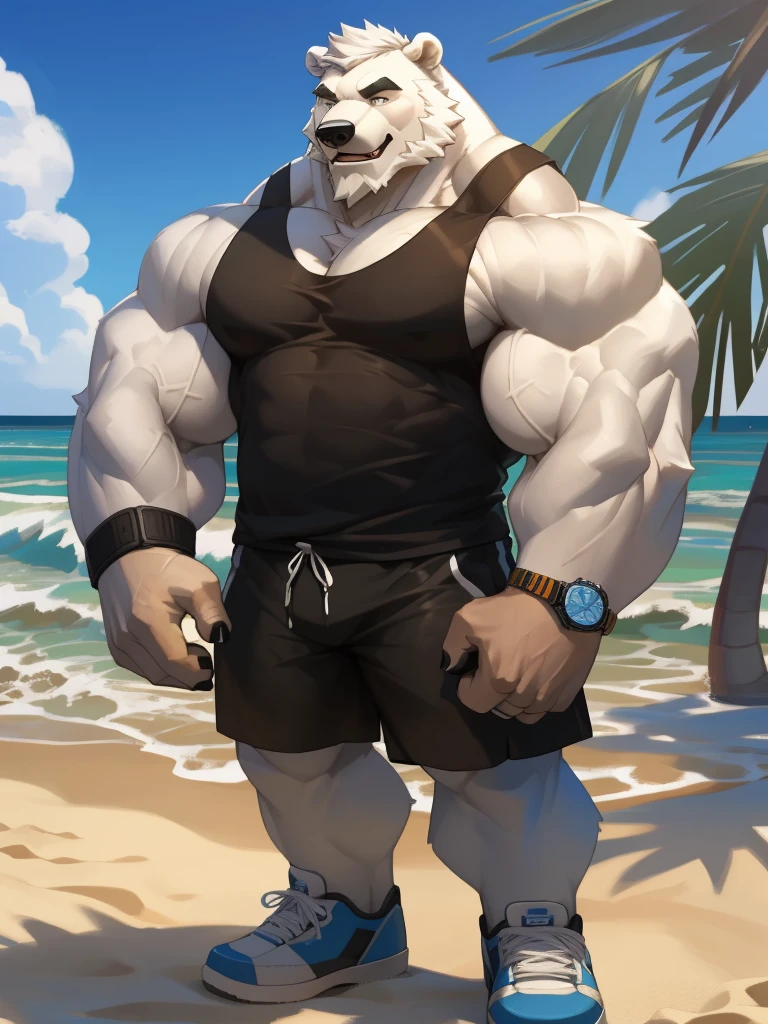 huge muscular polar bear in L.A. beach, big smile, polar bear, huge white fur, thick arm, huge arm, bearded. white hair and beard, bearded, (muscular, pectoral, wide pectoral, thick arms), beach, palm, realistic, 8k, masterpiece, (wearing black shorts, wristband, watch, blue tank top and white shoes)