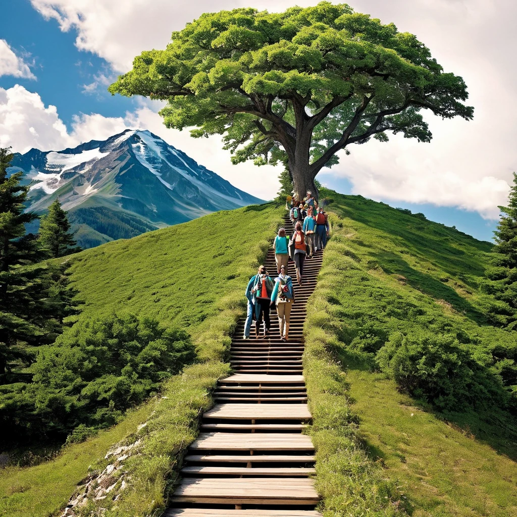 Create an image representing a group of people focused on personal development, social growth, and overcoming stagnation. The image should include the following elements:A Mountain or Staircase: Show someone climbing, symbolizing the effort and journey of growth.Group of People: Include a group of people smiling and interacting, representing socialization and mutual support.Path: Add a road or trail extending to the horizon, indicating a promising future and continuous progress.Growing Tree: Include a robust tree, symbolizing growth and personal development.Open Book: Show an open book, representing learning and self-discovery.Upward Arrows: Add graphics or icons of arrows pointing upwards, showing progress and advancement.The image should have an inspiring and motivational tone, with vibrant colors that convey energy and positivity.