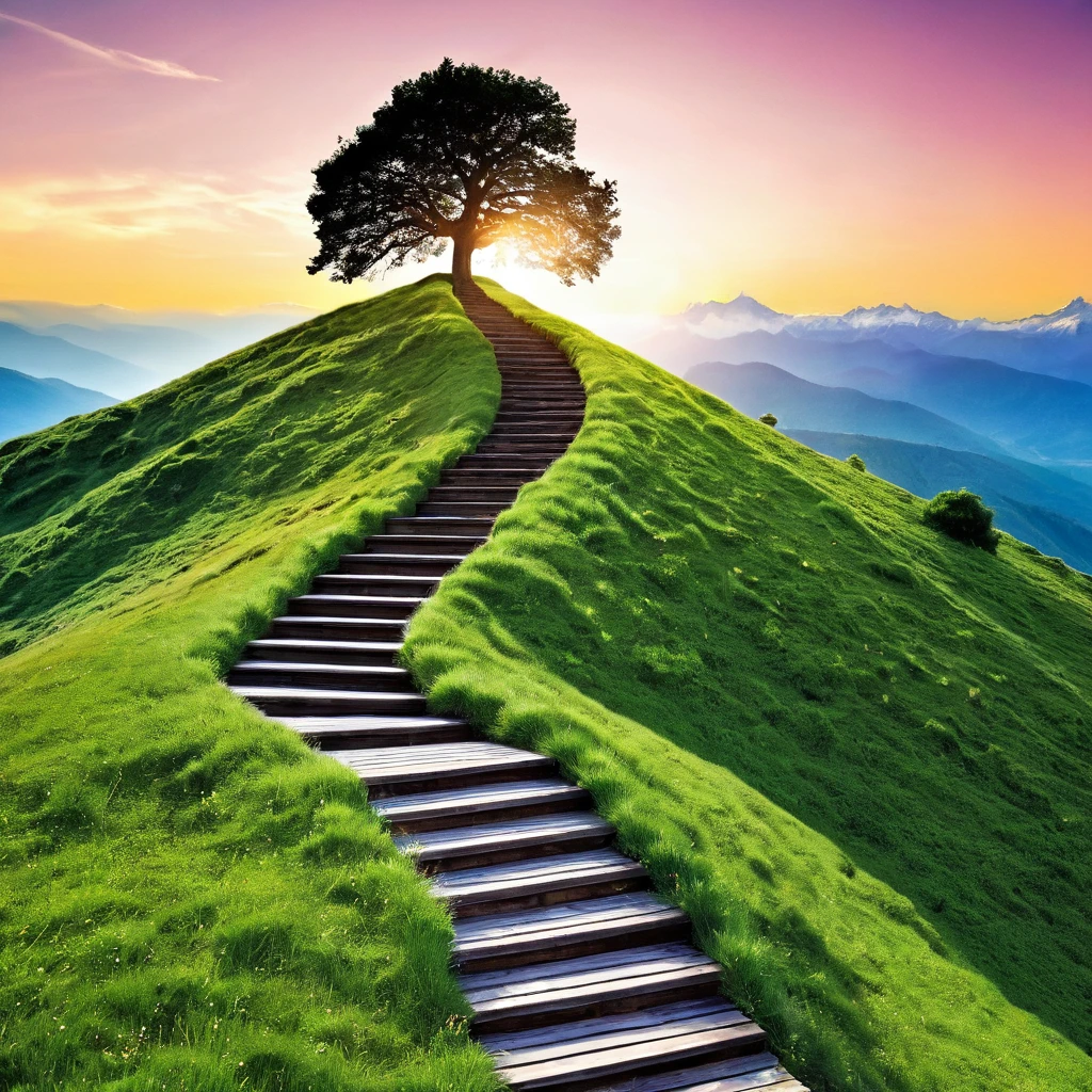 Create an image representing a group of people focused on personal development, social growth, and overcoming stagnation. The image should include the following elements:A Mountain or Staircase: Show someone climbing, symbolizing the effort and journey of growth.Group of People: Include a group of people smiling and interacting, representing socialization and mutual support.Path: Add a road or trail extending to the horizon, indicating a promising future and continuous progress.Growing Tree: Include a robust tree, symbolizing growth and personal development.Open Book: Show an open book, representing learning and self-discovery.Upward Arrows: Add graphics or icons of arrows pointing upwards, showing progress and advancement.The image should have an inspiring and motivational tone, with vibrant colors that convey energy and positivity.