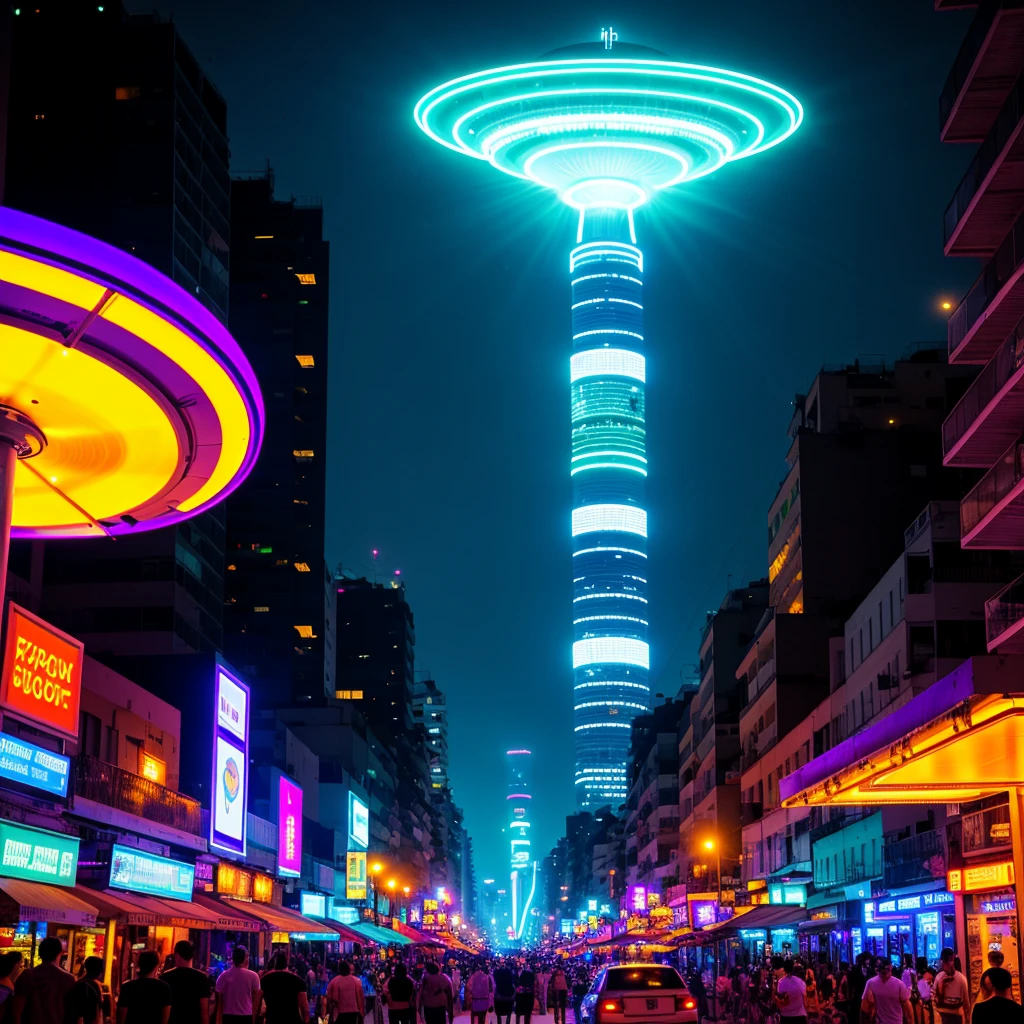 On a futuristic night in Rio de Janeiro, the city transforms into a stunning cyberpunk setting, bathed in vibrant purple neon lights, blue and green. Rio's iconic landscape shines brightly, with skyscrapers covered in bright signs and advertising holograms that dominate the horizon. Sugarloaf Mountain and Christ the Redeemer are highlighted by cyber lighting, their majestic silhouettes contrasting with the artificial glow.
Copacabana and Ipanema beaches are packed with crowds, people immersed in the pulsating energy of the night. Street vendors offer technological products and futuristic street food, while drones fly overhead to supervise the movement. Beach kiosks and bars are redesigned with a high-tech aesthetic, displaying neon signs and holographic screens that draw the crowds.
The night sky is dominated by a gigantic flying saucer, hovering silently over the city, emitting an ethereal glow that reflects off the waters of the Atlantic and the windows of skyscrapers. The sound of electronic music resonates through the streets, mixed with the buzz of conversations and the hum of machines. Autonomous vehicles glide along the avenues, and the brightness of the lights reflects on the surrounding glass and metal surfaces.
The presence of the flying saucer adds an element of mystery and fascination, capturing the imagination of everyone below. The atmosphere is vibrant and chaotic, with a mix of Rio tradition and intense futurism. The city's energy never sleeps, capturing the essence of a Rio de Janeiro reimagined in a cyberpunk future, where advanced technology and extraterrestrial elements merge into a stunning visual spectacle.