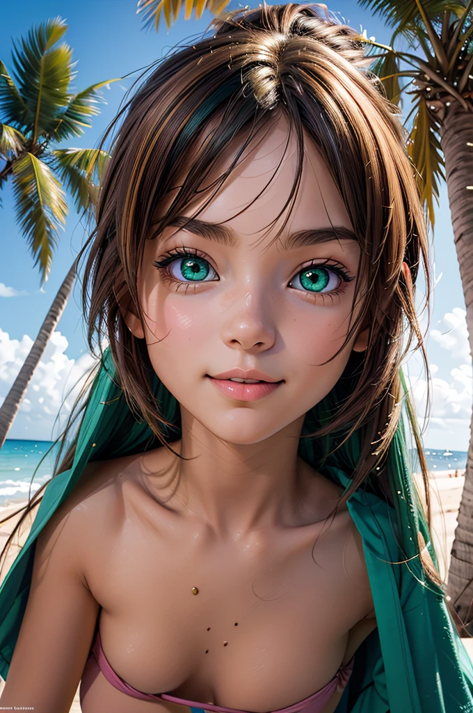 masterpiece, rich colors, Best quality, detailed, high resolution, Hyper quality, high detail, , high quality, detailing, skinny sexy girl on the beach , bright lighting , green eyes, anime, palm trees, bright lighting,