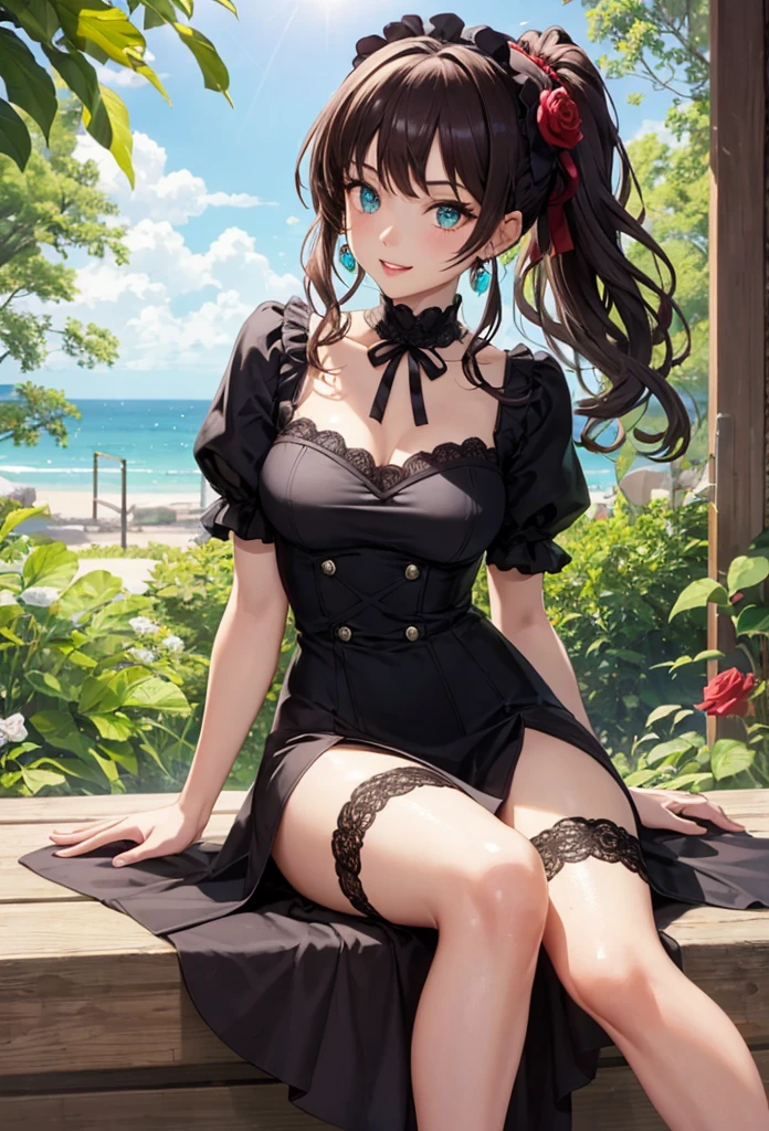 A beautiful girl in a black dress sitting on a wooden platform, anime girl, rose garden, beautiful and sunny day, black lolita dress with lots of ruffles, floral print dress, short sleeve, lolita choker, low-cut chest, big round breasts, white lace thigh-high stockings, black lolita shoes, dark brown hair, gradient bangs, french braid, long hair, ponytail, wavy hair, swept bangs, shiny hair, hairclip, hair ribbon, hair flower, jewelry, lolita hairband, aqua eyes, glowing eyes, pupils sparkling, earrings, light smile, blush, happy, red lips, slim waist, shapely legs, beautiful thighs, princess dress, short skirt, high detail, anime, dithering, image fill, perspective, Wide-Angle, f/1.8, 85mm, Sony FE GM, 8k, 8k wallpaper, super detail, highly detailed CG, UHD, retina, masterpiece, accurate, anatomically correct, textured skin, highres, best quality:1.3, 16k