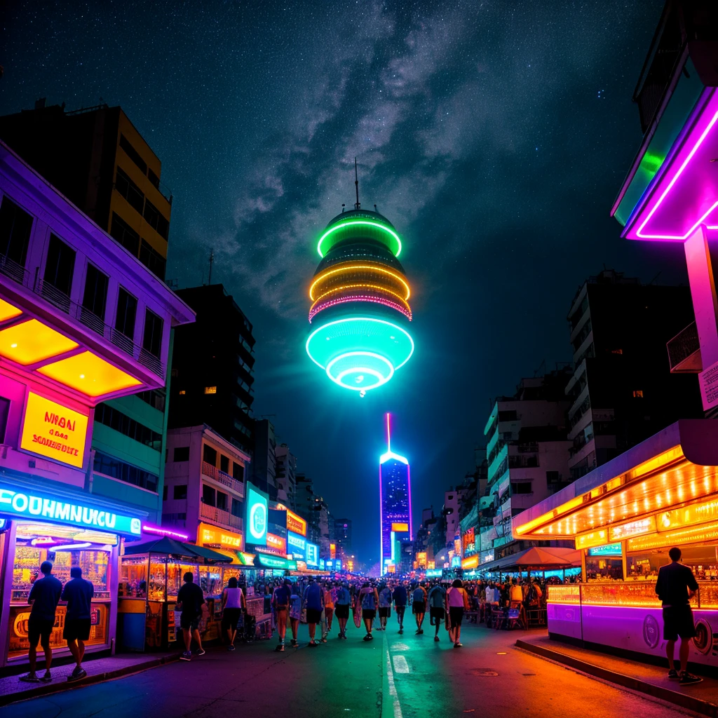 On a futuristic night in Rio de Janeiro, the city transforms into a stunning cyberpunk setting, bathed in vibrant purple neon lights, blue and green. Rio's iconic landscape shines brightly, with skyscrapers covered in bright signs and advertising holograms that dominate the horizon. Sugarloaf Mountain and Christ the Redeemer are highlighted by cyber lighting, their majestic silhouettes contrasting with the artificial glow.
Copacabana and Ipanema beaches are packed with crowds, people immersed in the pulsating energy of the night. Street vendors offer technological products and futuristic street food, while drones fly overhead to supervise the movement. Beach kiosks and bars are redesigned with a high-tech aesthetic, displaying neon signs and holographic screens that draw the crowds.
The night sky is dominated by a gigantic flying saucer, hovering silently over the city, emitting an ethereal glow that reflects off the waters of the Atlantic and the windows of skyscrapers. The sound of electronic music resonates through the streets, mixed with the buzz of conversations and the hum of machines. Autonomous vehicles glide along the avenues, and the brightness of the lights reflects on the surrounding glass and metal surfaces.
The presence of the flying saucer adds an element of mystery and fascination, capturing the imagination of everyone below. The atmosphere is vibrant and chaotic, with a mix of Rio tradition and intense futurism. The city's energy never sleeps, capturing the essence of a Rio de Janeiro reimagined in a cyberpunk future, where advanced technology and extraterrestrial elements merge into a stunning visual spectacle.