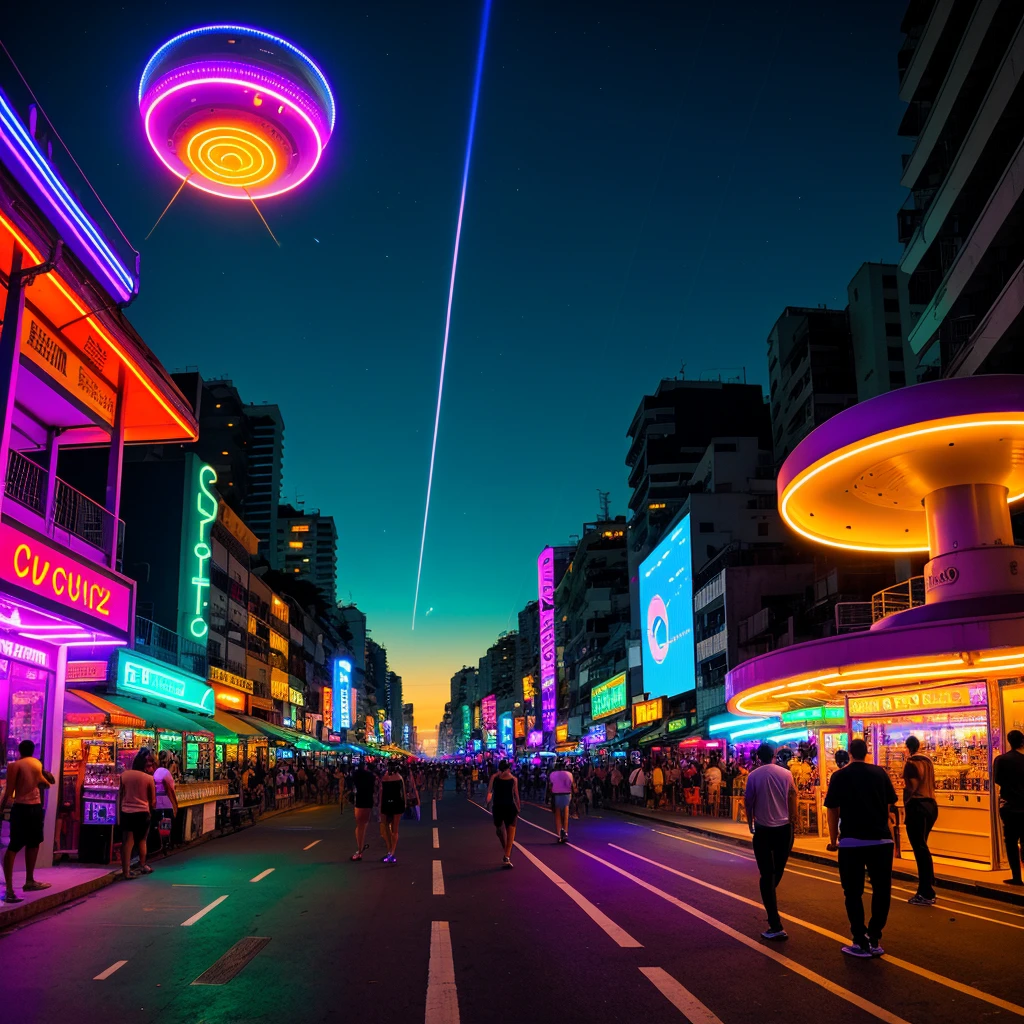 On a futuristic night in Rio de Janeiro, the city transforms into a stunning cyberpunk setting, bathed in vibrant purple neon lights, blue and green. Rio's iconic landscape shines brightly, with skyscrapers covered in bright signs and advertising holograms that dominate the horizon. Sugarloaf Mountain and Christ the Redeemer are highlighted by cyber lighting, their majestic silhouettes contrasting with the artificial glow.
Copacabana and Ipanema beaches are packed with crowds, people immersed in the pulsating energy of the night. Street vendors offer technological products and futuristic street food, while drones fly overhead to supervise the movement. Beach kiosks and bars are redesigned with a high-tech aesthetic, displaying neon signs and holographic screens that draw the crowds.
The night sky is dominated by a gigantic flying saucer, hovering silently over the city, emitting an ethereal glow that reflects off the waters of the Atlantic and the windows of skyscrapers. The sound of electronic music resonates through the streets, mixed with the buzz of conversations and the hum of machines. Autonomous vehicles glide along the avenues, and the brightness of the lights reflects on the surrounding glass and metal surfaces.
The presence of the flying saucer adds an element of mystery and fascination, capturing the imagination of everyone below. The atmosphere is vibrant and chaotic, with a mix of Rio tradition and intense futurism. The city's energy never sleeps, capturing the essence of a Rio de Janeiro reimagined in a cyberpunk future, where advanced technology and extraterrestrial elements merge into a stunning visual spectacle.