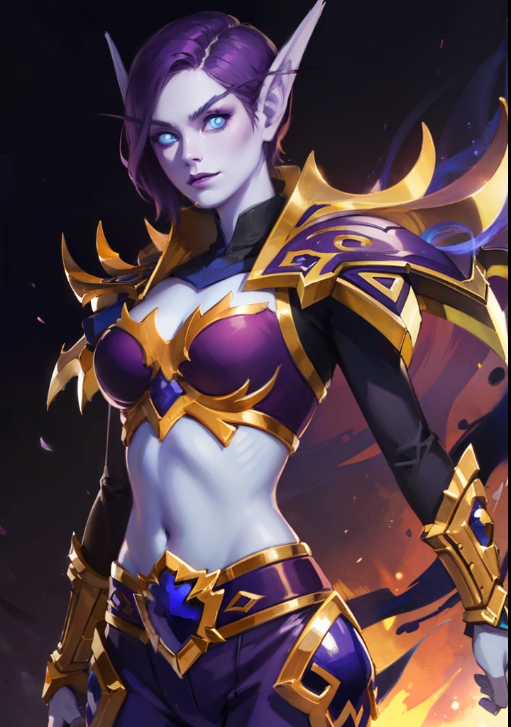 (8K, RAWphotograph, highest quality, masterpiece:1.2), High resolution, Super detailed, intricate details, disorganized, masterpiece, break , beautiful detailed woman, beautifully detailed mouth, highly detailed eyes and face, beautiful and fine eyes, (1girl, purple hair, short hair, spiral eyes, smirk) (digital) (looking at viewer) (body facing viewer) (standing), (Purple Forest background), (purple pants) (blue tuxedo)) , best quality, blue eyes, pointy ears, colored skin, blue skin, armor, Purple armor, crop top, gold trim, navel, voidelf